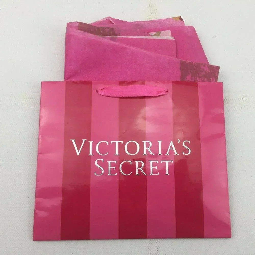Victorias Secret Shopping Bag Ribbon Strings Pink Striped Reusable Gift Bag Set